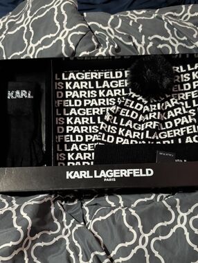 Karl Lagerfeld Black and White Logo Knit Hat & Accessories Gift Set